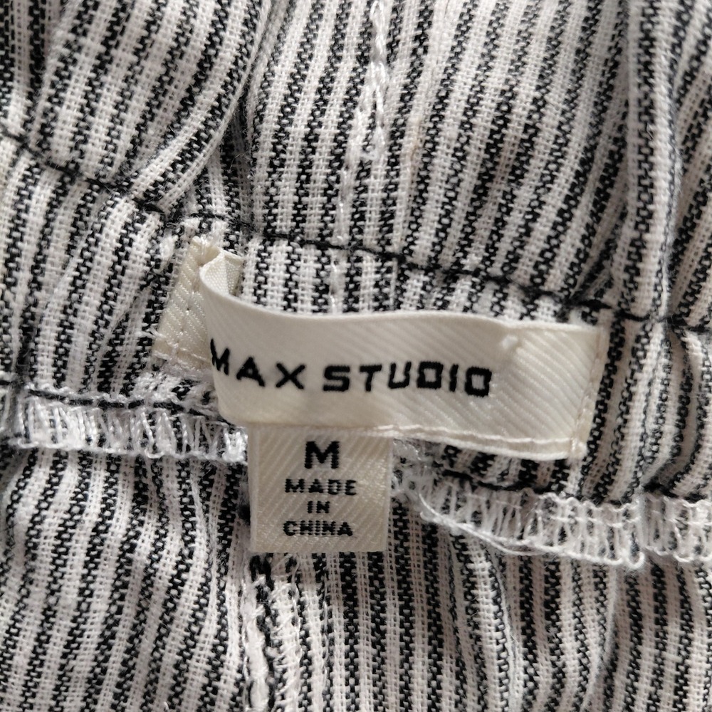 Max Studio Wide Leg Crop Pants Sz MEDIUM Linen Blend Black Vertical Striped Belt - Picture 8 of 11